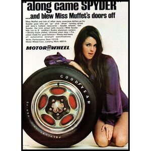 1972 Motor Wheel Spyder Vintage Print Ad Miss Muffet Purple Dress 70s Wall Art